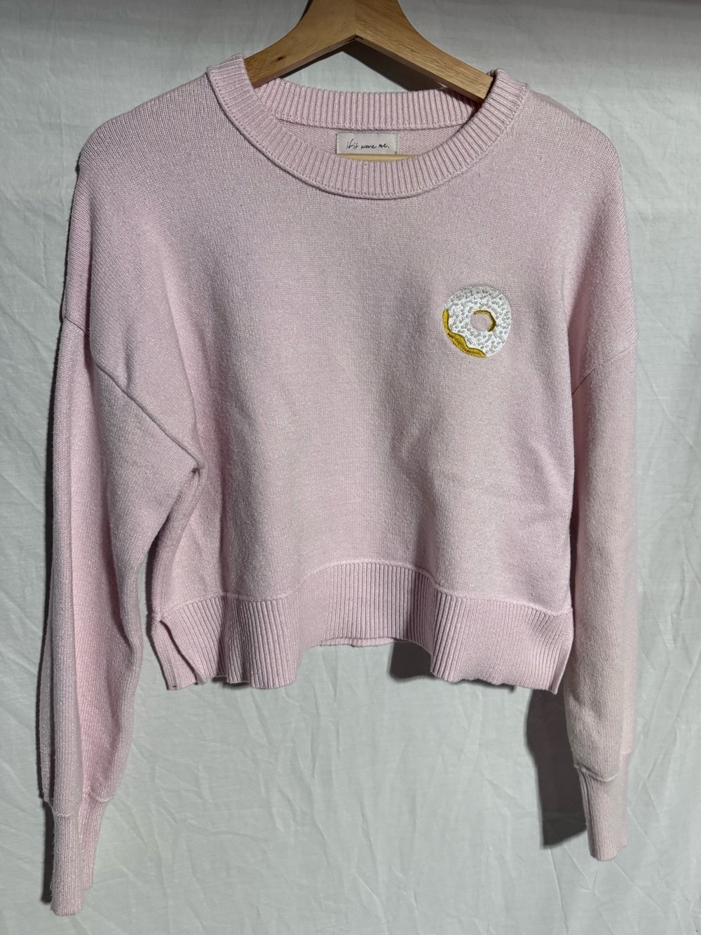 If It Were Me pink crew neck sweater with embellished doughnut Size Medium
